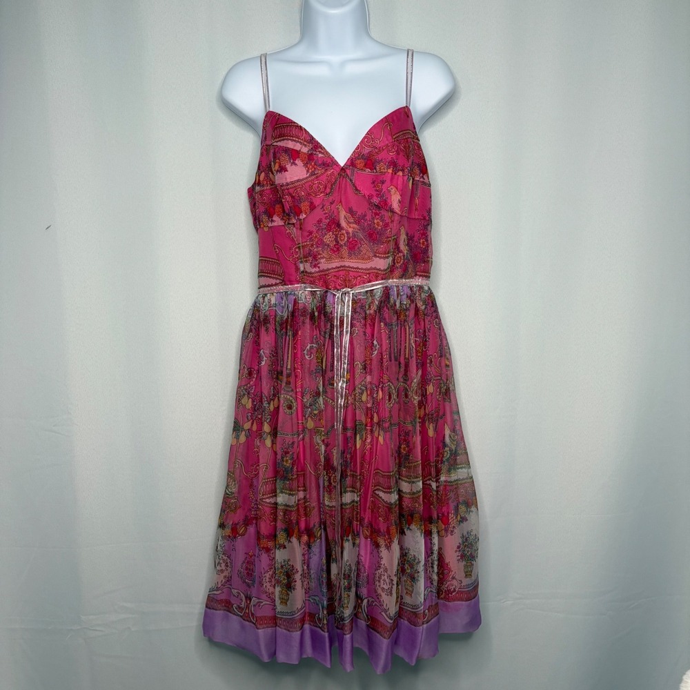 I.C.E. Silk Bird Floral Print Midi Dress Pink Purple Size 8 Romantic Fairycore
